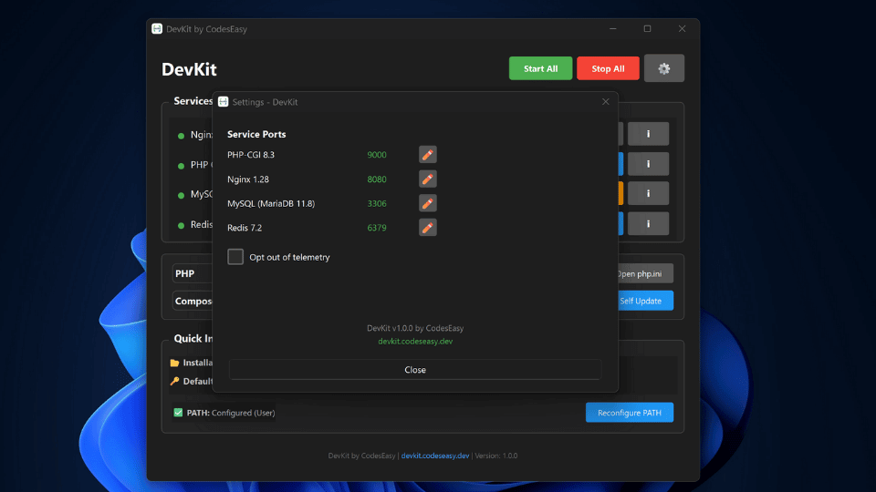 DevKit Settings - Windows